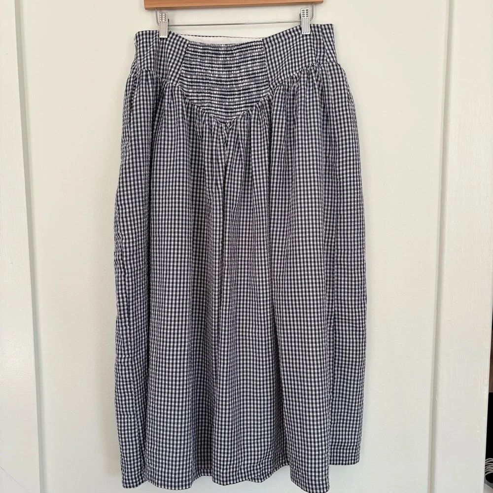 Anthropologie || Hutch Gingham Midi Skirt Smocked Back Blue White XL - Picture 7 of 11